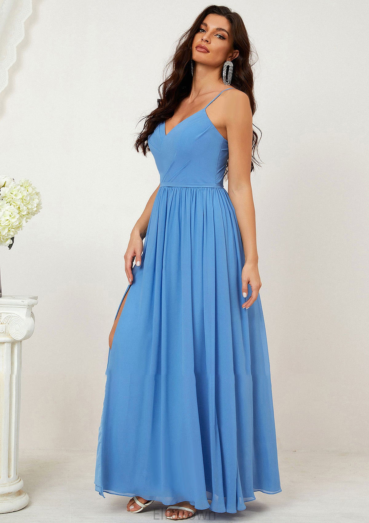 A-line V Neck Sleeveless Chiffon Long/Floor-Length Bridesmaid Dresses With Pleated Split Genesis DEP0025609