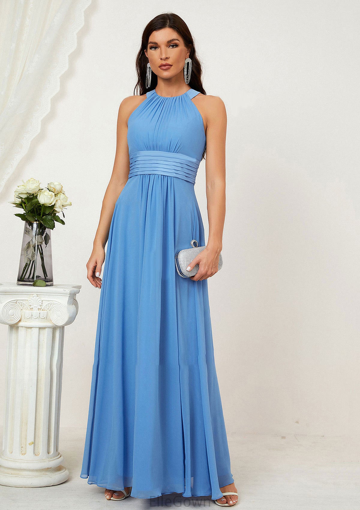 A-line Halter Sleeveless Chiffon Long/Floor-Length Bridesmaid Dresses With Pleated Allyson DEP0025610