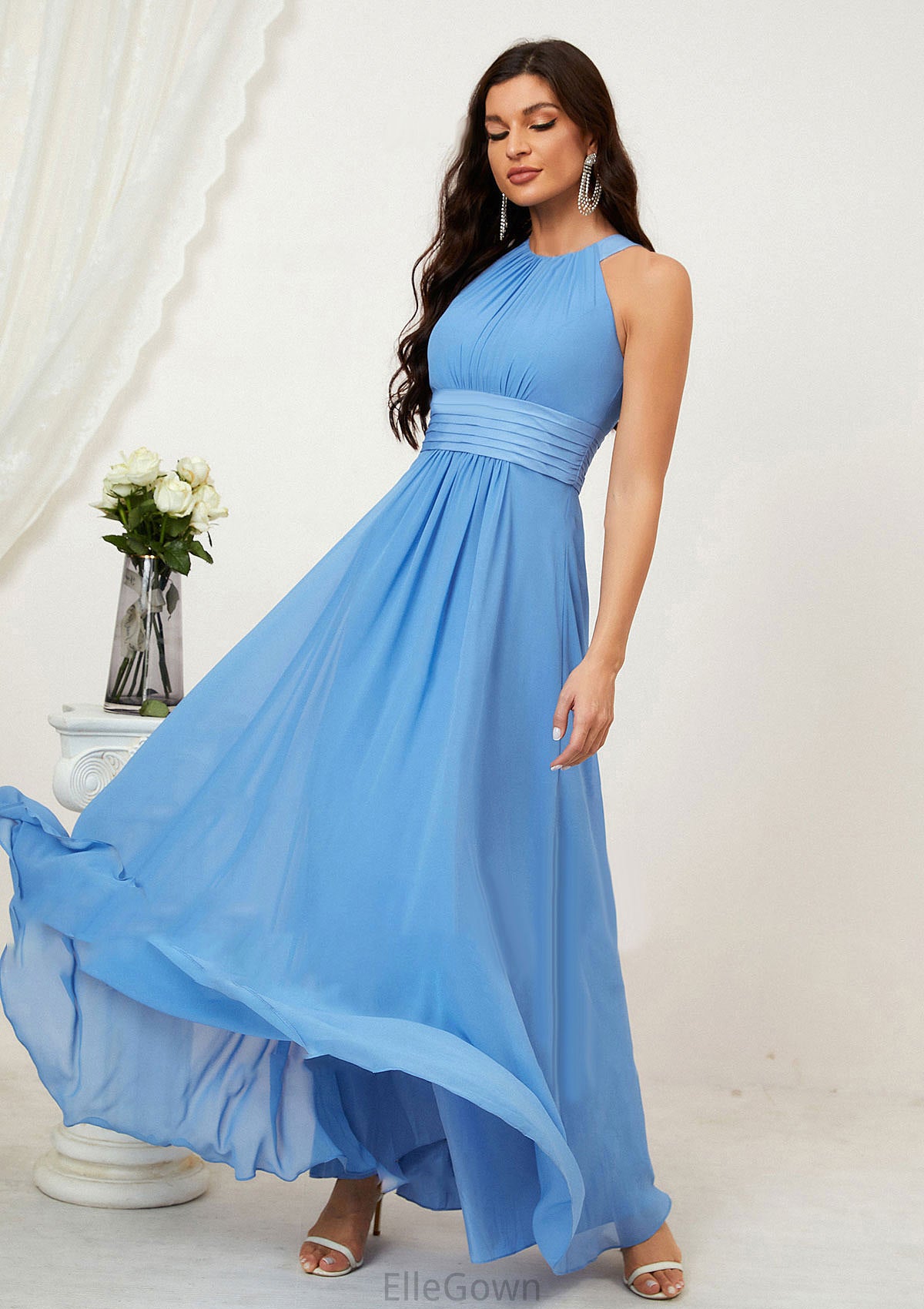 A-line Halter Sleeveless Chiffon Long/Floor-Length Bridesmaid Dresses With Pleated Allyson DEP0025610