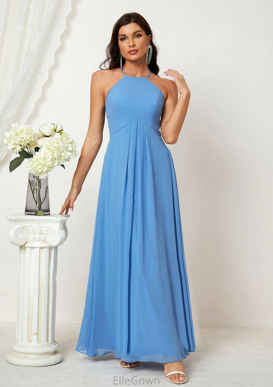 A-line Empire Halter Sleeveless Chiffon Long/Floor-Length Bridesmaid Dresses With Ruffles Shania DEP0025611