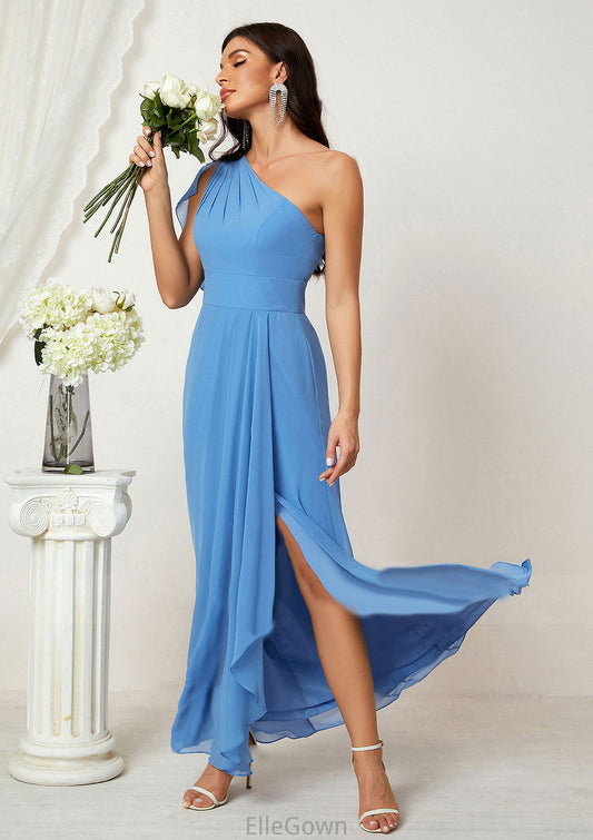 A-line One-Shoulder Sleeveless Chiffon Long/Floor-Length Bridesmaid Dresses With Pleated Split Alia DEP0025613