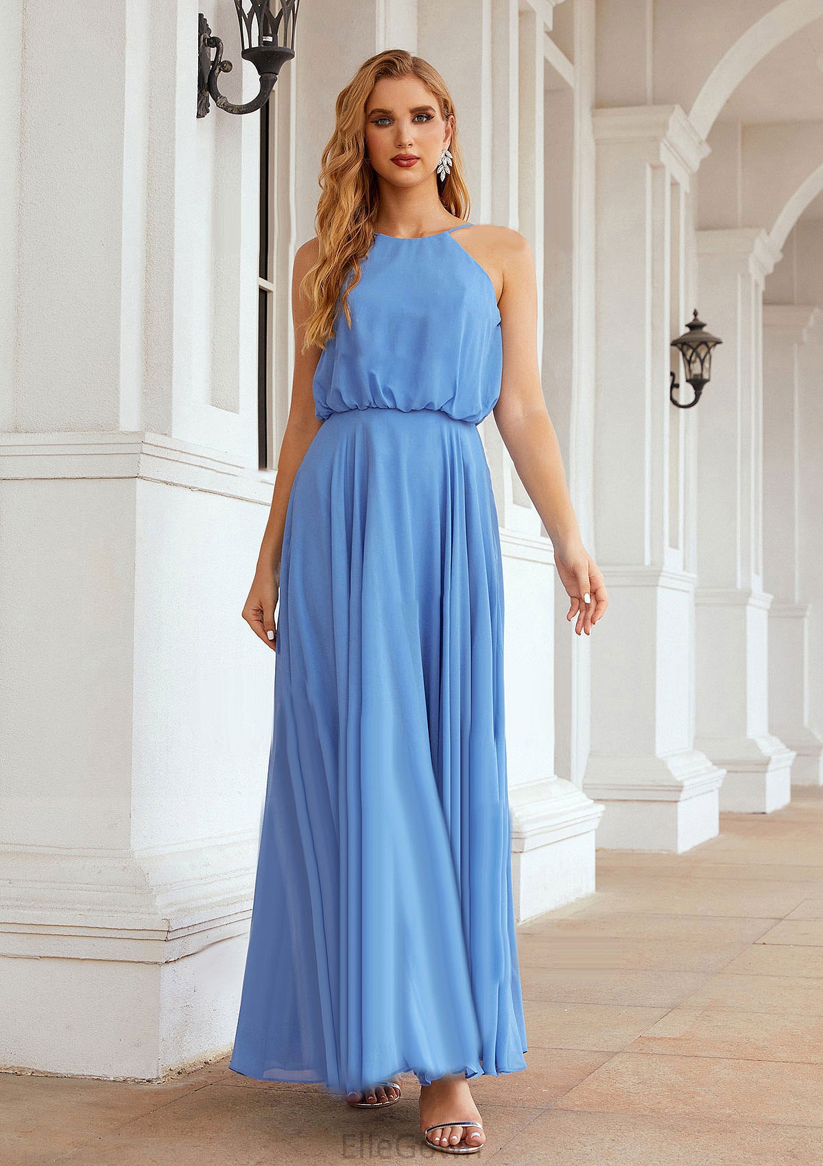 A-line Halter Sleeveless Chiffon Long/Floor-Length Bridesmaid Dresses With Pleated Jazmyn DEP0025621