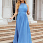 A-line Empire Halter Sleeveless Chiffon Long/Floor-Length Bridesmaid Dresses With Pleated Janey DEP0025622