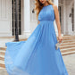 A-line Empire Halter Sleeveless Chiffon Long/Floor-Length Bridesmaid Dresses With Pleated Janey DEP0025622