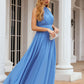 A-line Empire Halter Sleeveless Chiffon Long/Floor-Length Bridesmaid Dresses With Pleated Janey DEP0025622