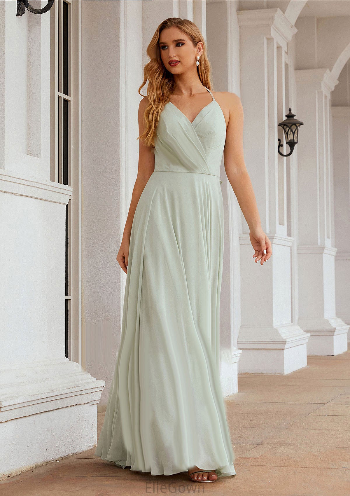 A-line Halter Sleeveless Chiffon Long/Floor-Length Bridesmaid Dresses With Pleated Ruffles Taylor DEP0025623