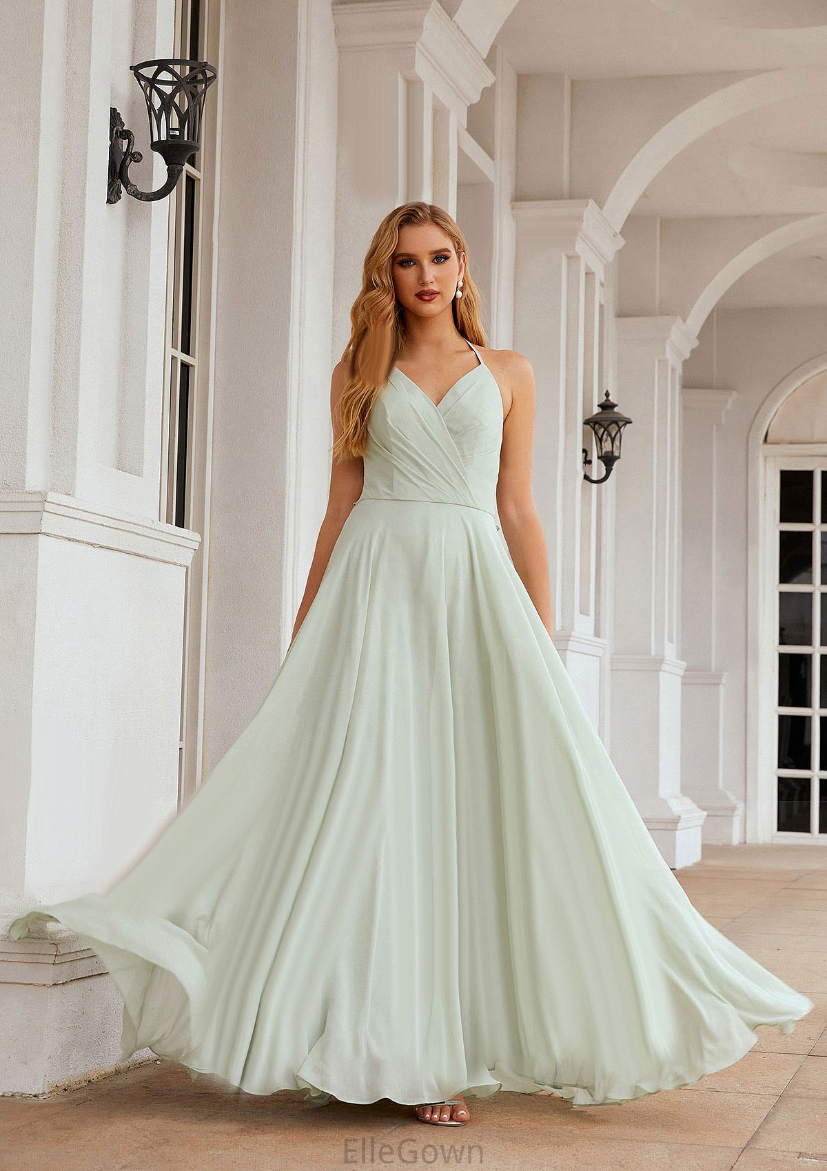 A-line Halter Sleeveless Chiffon Long/Floor-Length Bridesmaid Dresses With Pleated Ruffles Taylor DEP0025623