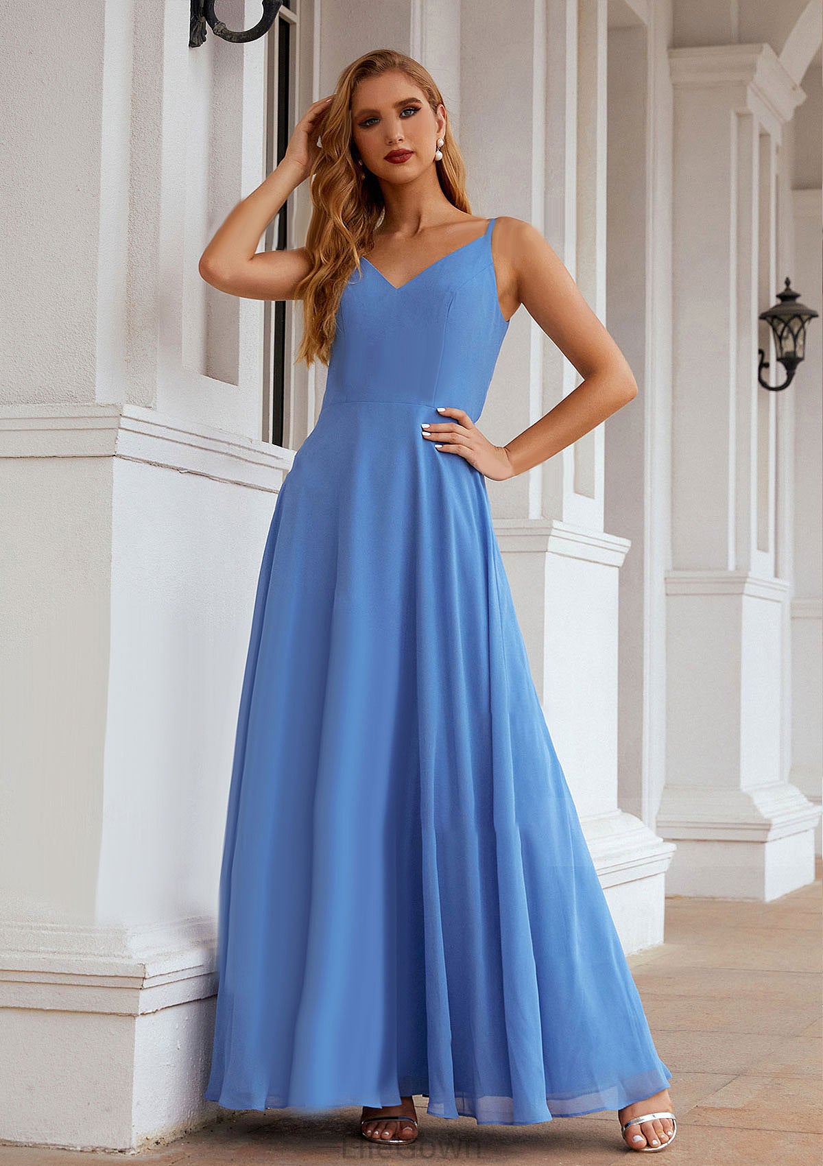 A-line Empire V Neck Long/Floor-Length Chiffon Bridesmaid Dresses With Pleated Zara DEP0025624