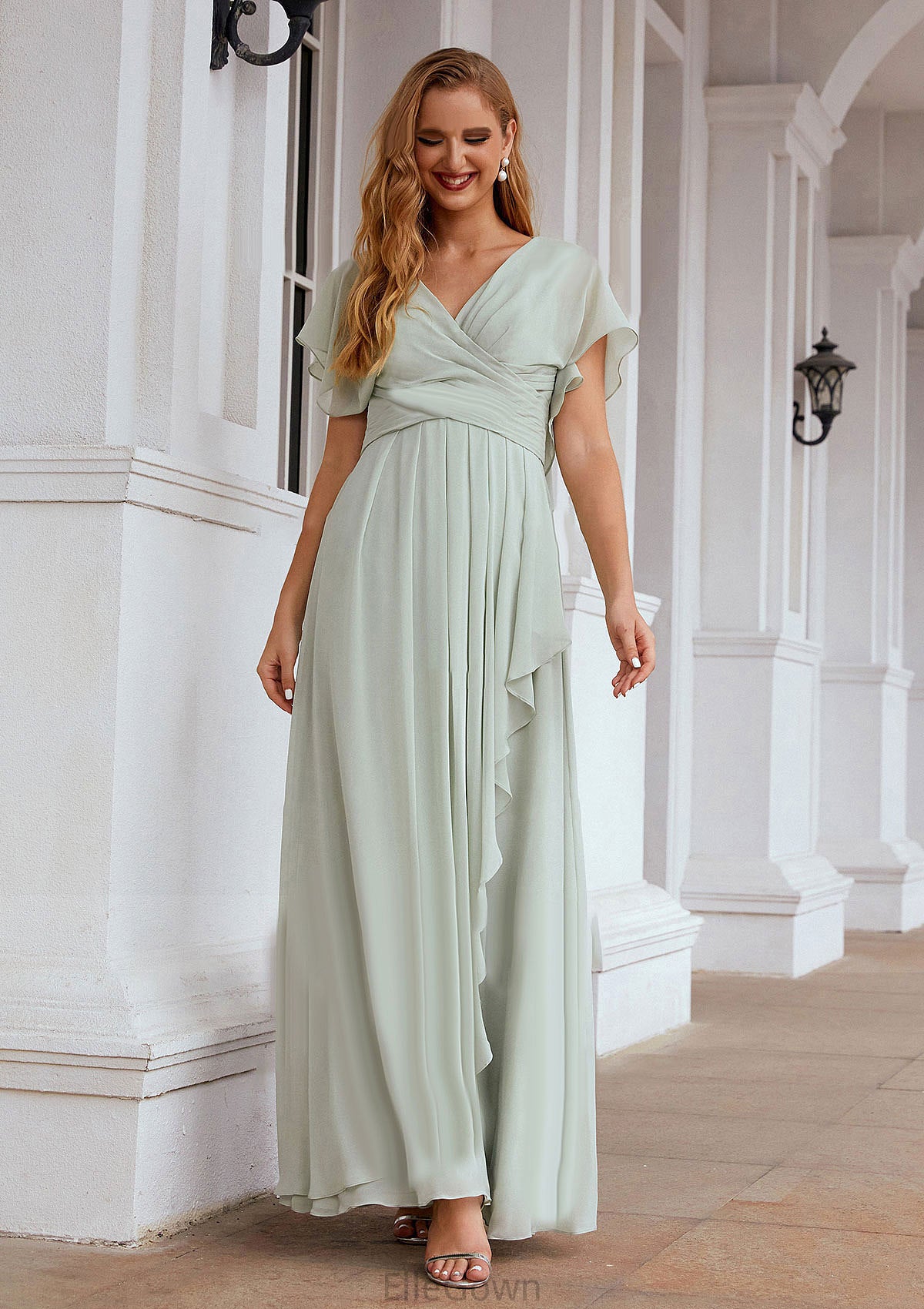 A-line V Neck Short Sleeve Chiffon Long/Floor-Length Bridesmaid Dresses With Pleated Ruffles Harmony DEP0025626