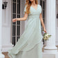 A-line V Neck Short Sleeve Chiffon Long/Floor-Length Bridesmaid Dresses With Pleated Ruffles Harmony DEP0025626