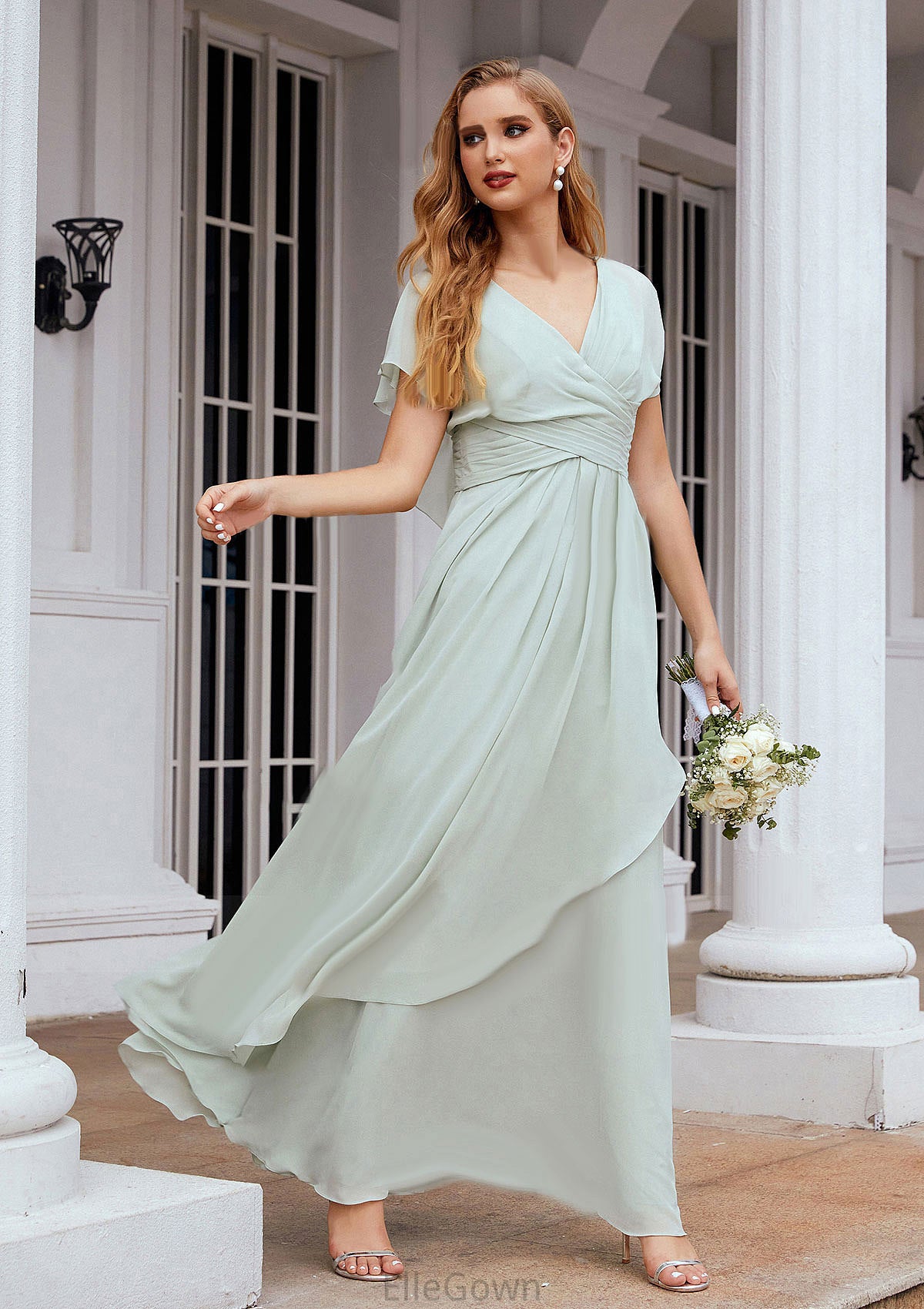 A-line V Neck Short Sleeve Chiffon Long/Floor-Length Bridesmaid Dresses With Pleated Ruffles Harmony DEP0025626