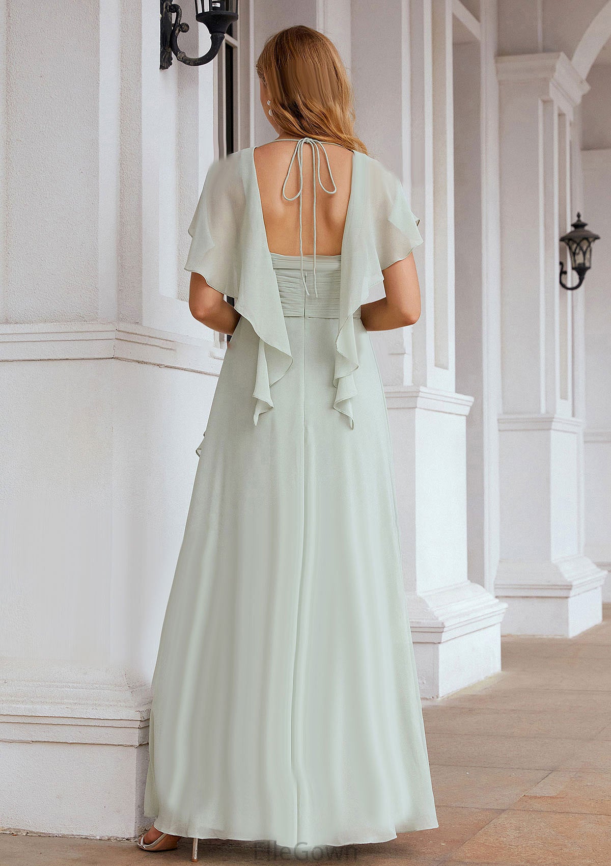 A-line V Neck Short Sleeve Chiffon Long/Floor-Length Bridesmaid Dresses With Pleated Ruffles Harmony DEP0025626