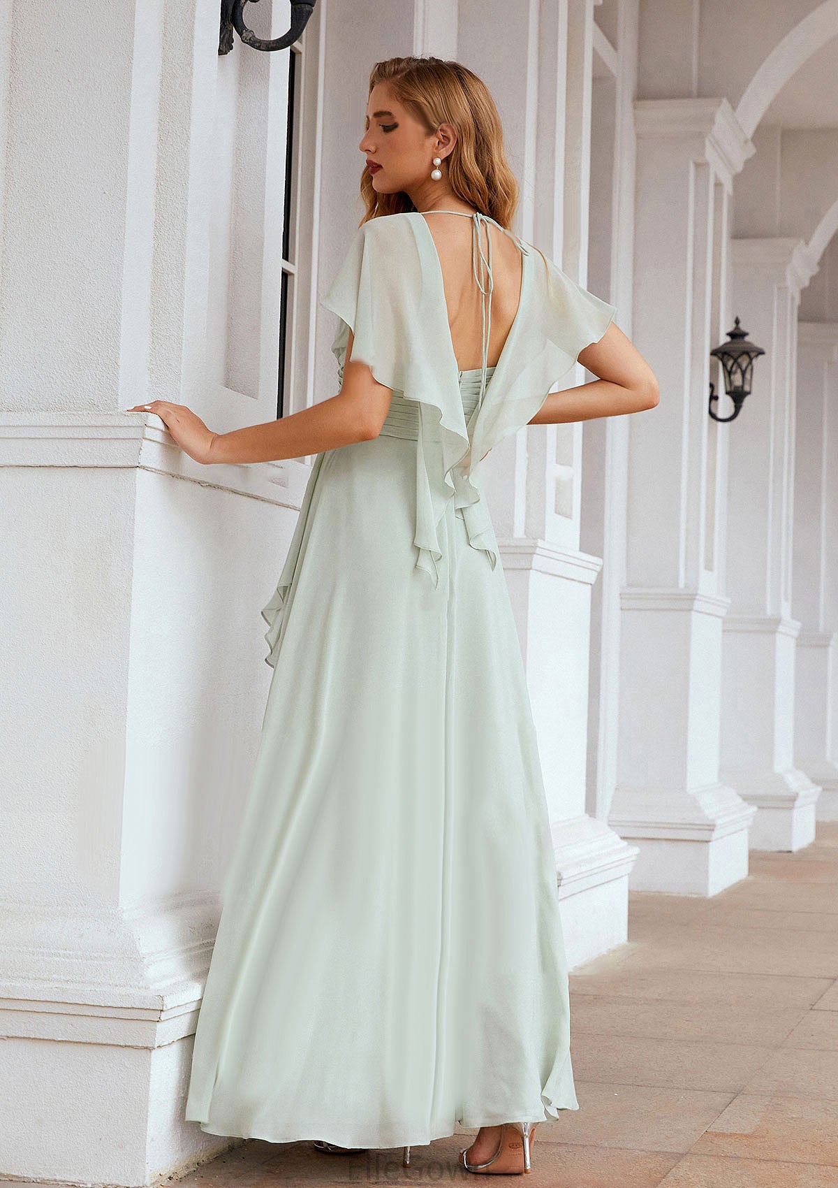 A-line V Neck Short Sleeve Chiffon Long/Floor-Length Bridesmaid Dresses With Pleated Ruffles Harmony DEP0025626