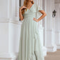 A-line V Neck Short Sleeve Chiffon Long/Floor-Length Bridesmaid Dresses With Pleated Ruffles Harmony DEP0025626