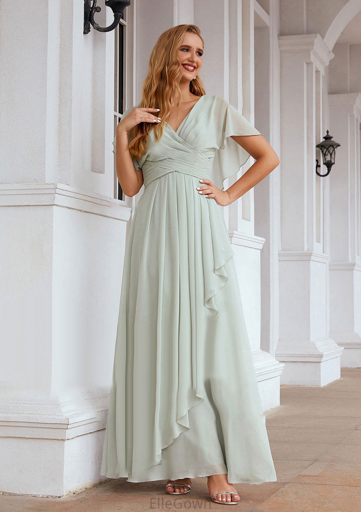 A-line V Neck Short Sleeve Chiffon Long/Floor-Length Bridesmaid Dresses With Pleated Ruffles Harmony DEP0025626