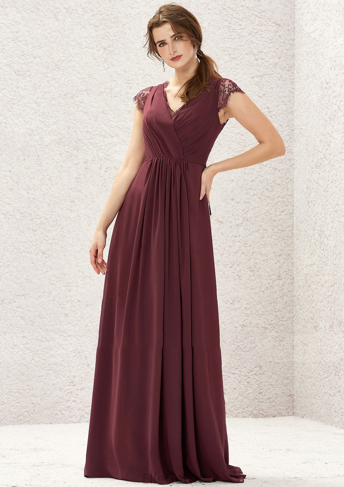 A-line V Neck Sleeveless Chiffon Long/Floor-Length Bridesmaid Dresses With Pleated Lace Brianna DEP0025627