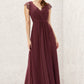 A-line V Neck Sleeveless Chiffon Long/Floor-Length Bridesmaid Dresses With Pleated Lace Brianna DEP0025627