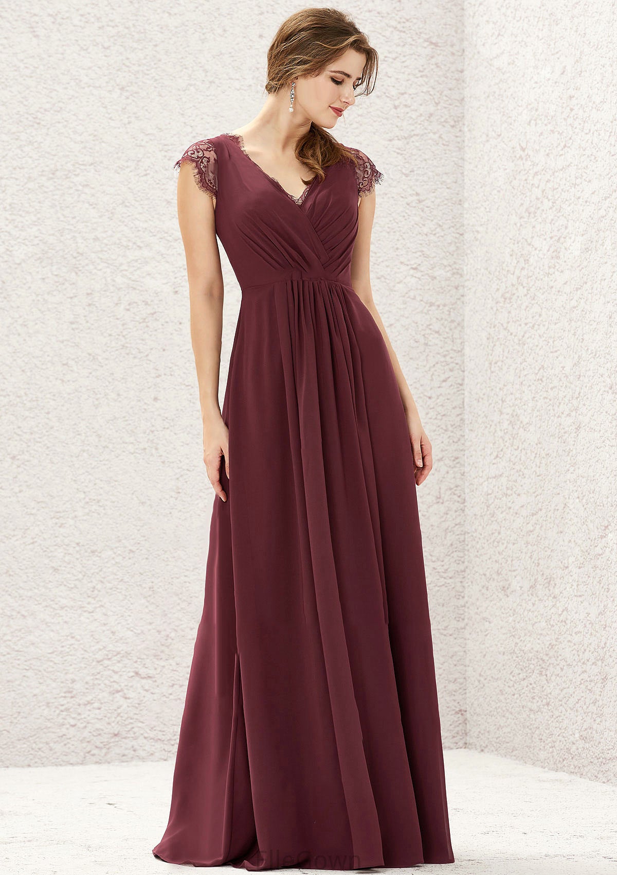 A-line V Neck Sleeveless Chiffon Long/Floor-Length Bridesmaid Dresses With Pleated Lace Brianna DEP0025627