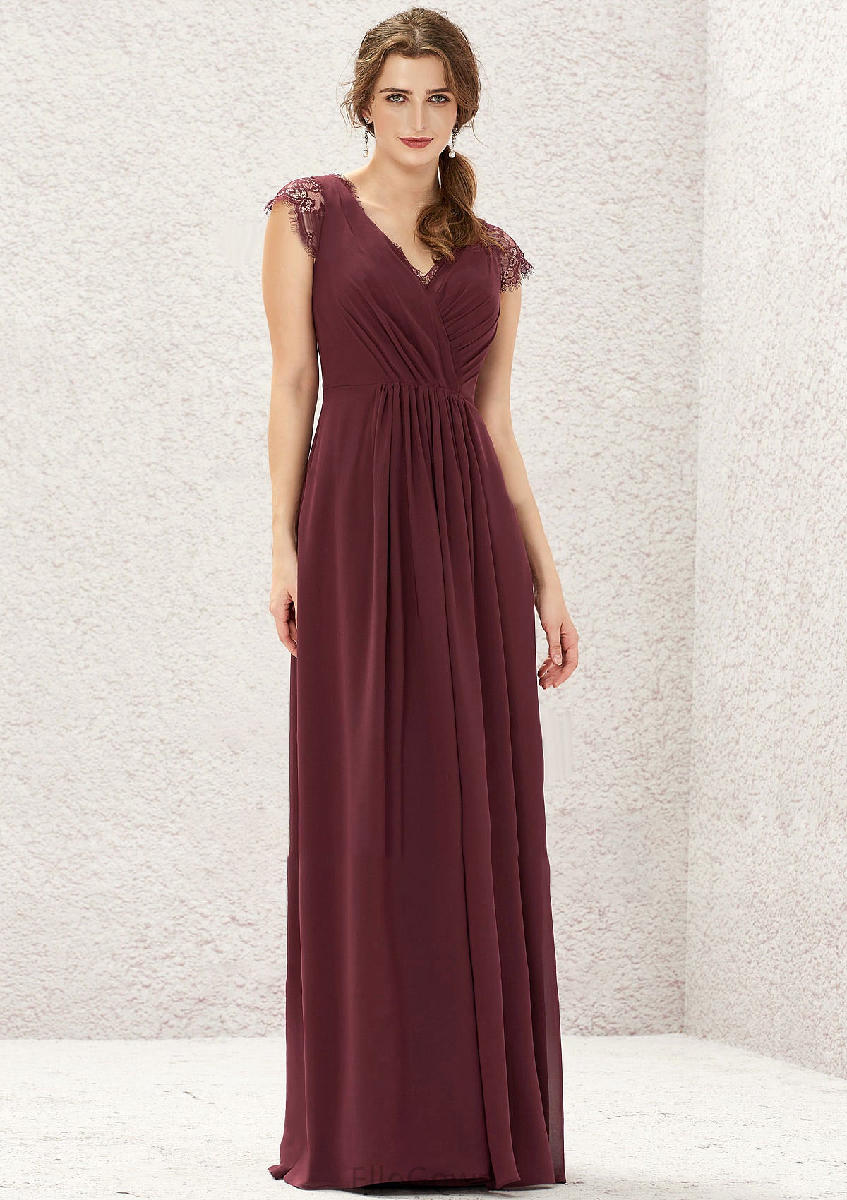 A-line V Neck Sleeveless Chiffon Long/Floor-Length Bridesmaid Dresses With Pleated Lace Brianna DEP0025627