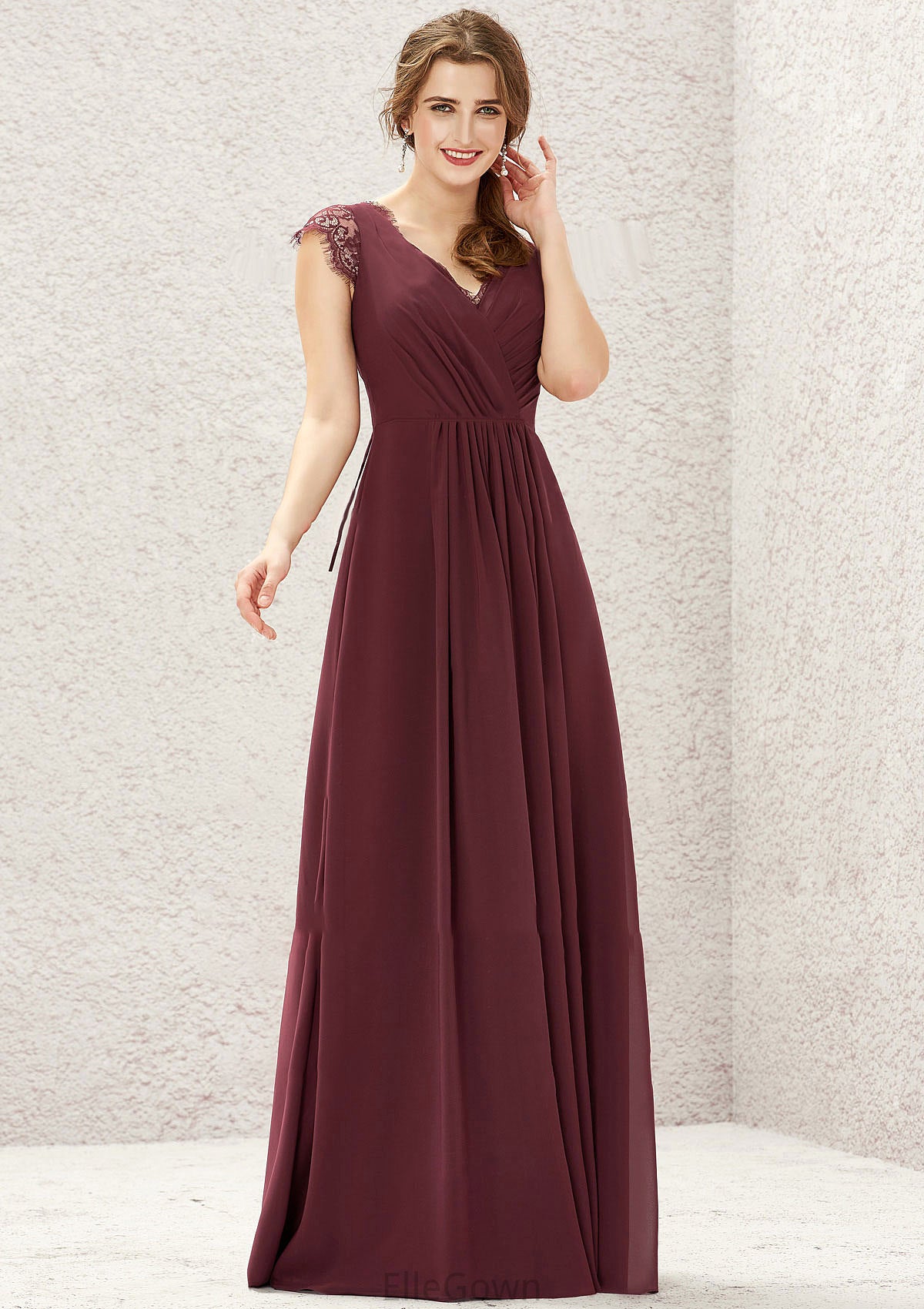 A-line V Neck Sleeveless Chiffon Long/Floor-Length Bridesmaid Dresses With Pleated Lace Brianna DEP0025627