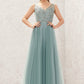 A-line V Neck Sleeveless Tulle Long/Floor-Length Bridesmaid Dresses With Lace Trudie DEP0025628