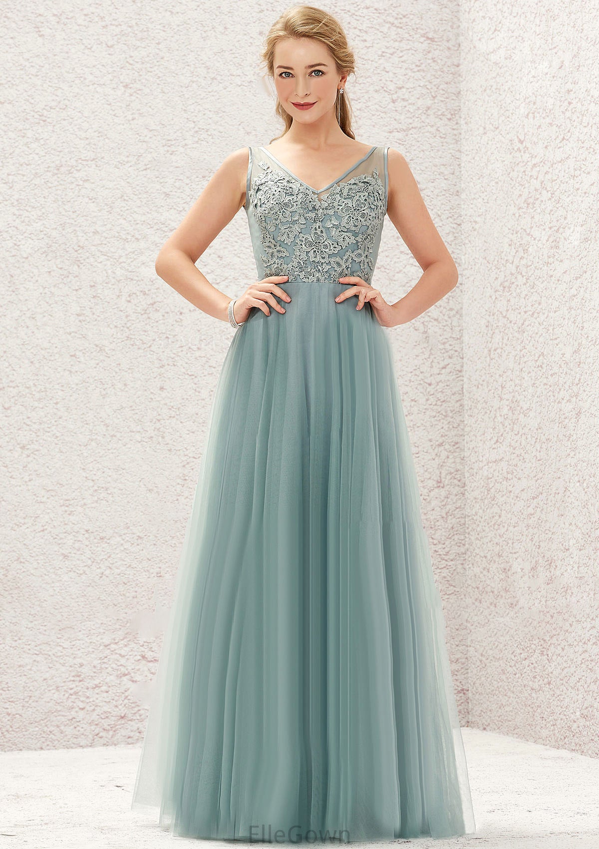 A-line V Neck Sleeveless Tulle Long/Floor-Length Bridesmaid Dresses With Lace Trudie DEP0025628