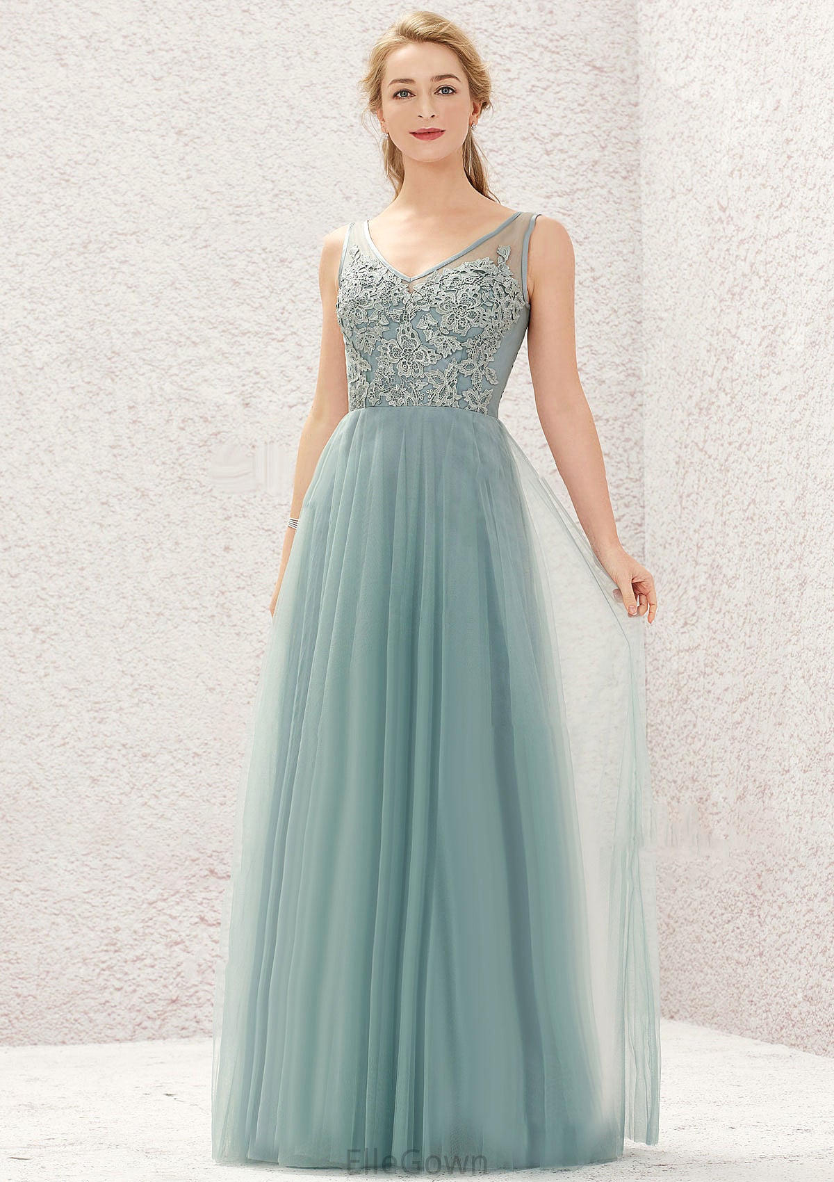 A-line V Neck Sleeveless Tulle Long/Floor-Length Bridesmaid Dresses With Lace Trudie DEP0025628