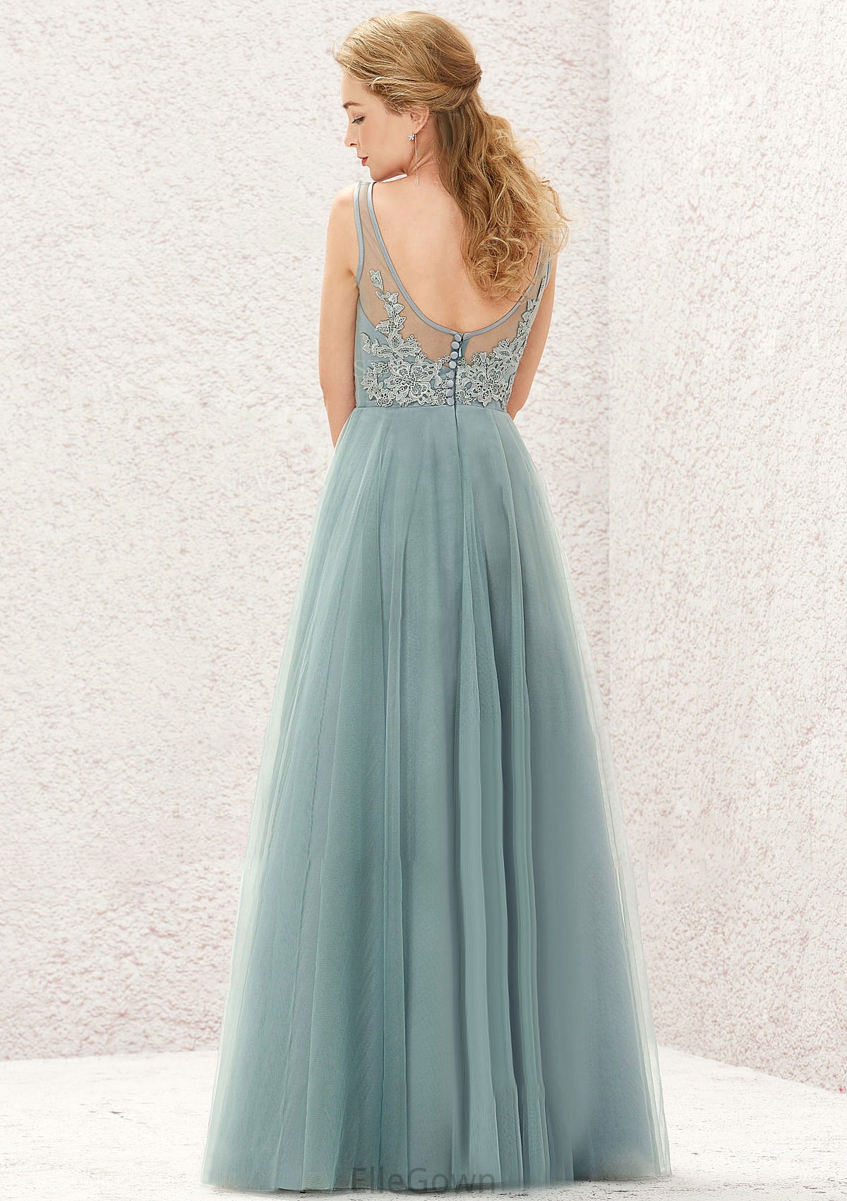 A-line V Neck Sleeveless Tulle Long/Floor-Length Bridesmaid Dresses With Lace Trudie DEP0025628