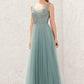 A-line V Neck Sleeveless Tulle Long/Floor-Length Bridesmaid Dresses With Lace Trudie DEP0025628