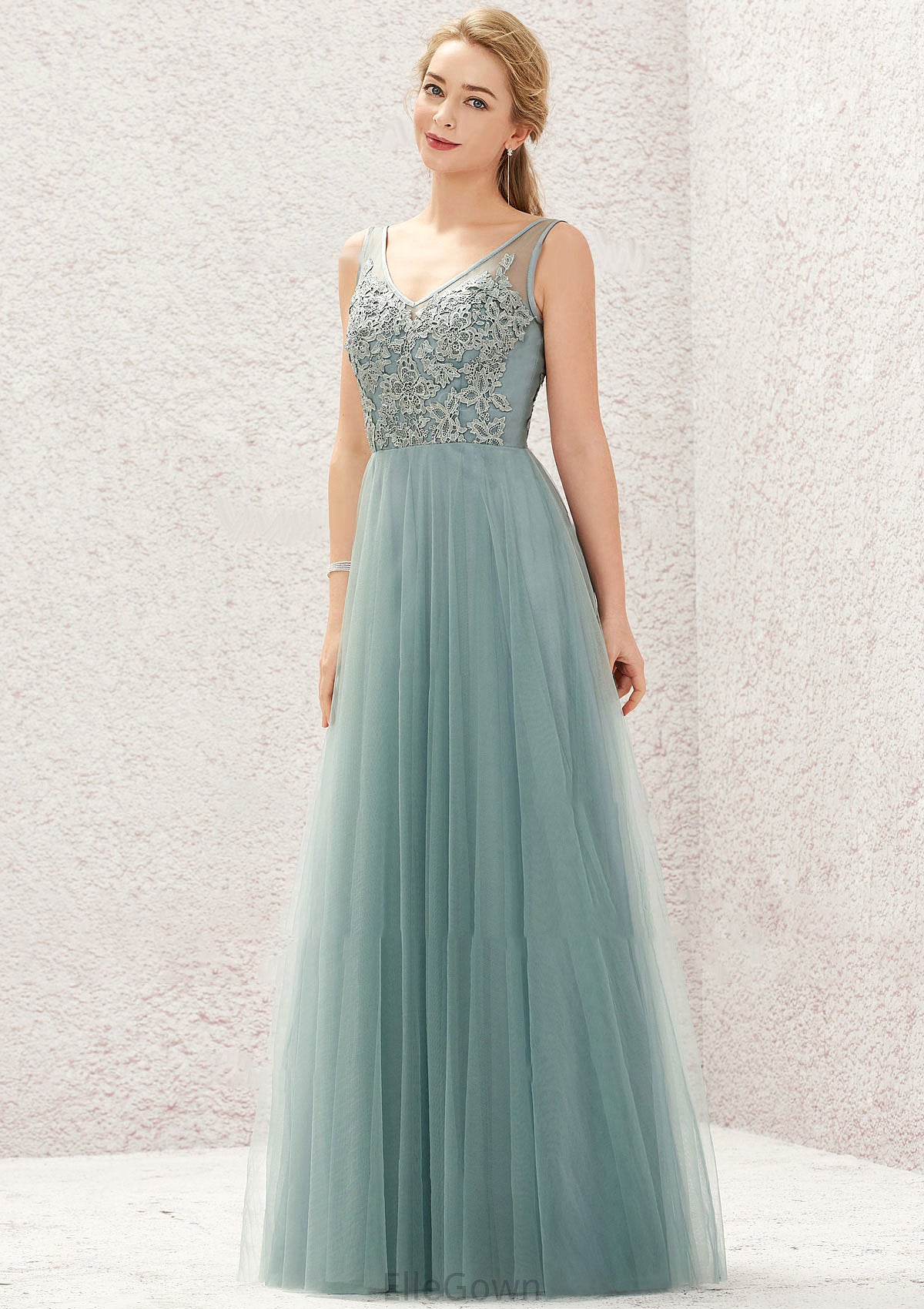 A-line V Neck Sleeveless Tulle Long/Floor-Length Bridesmaid Dresses With Lace Trudie DEP0025628