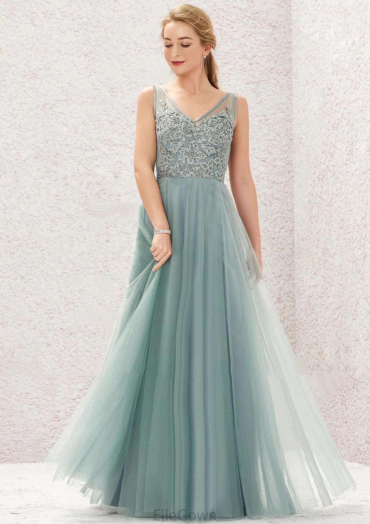 A-line V Neck Sleeveless Tulle Long/Floor-Length Bridesmaid Dresses With Lace Trudie DEP0025628