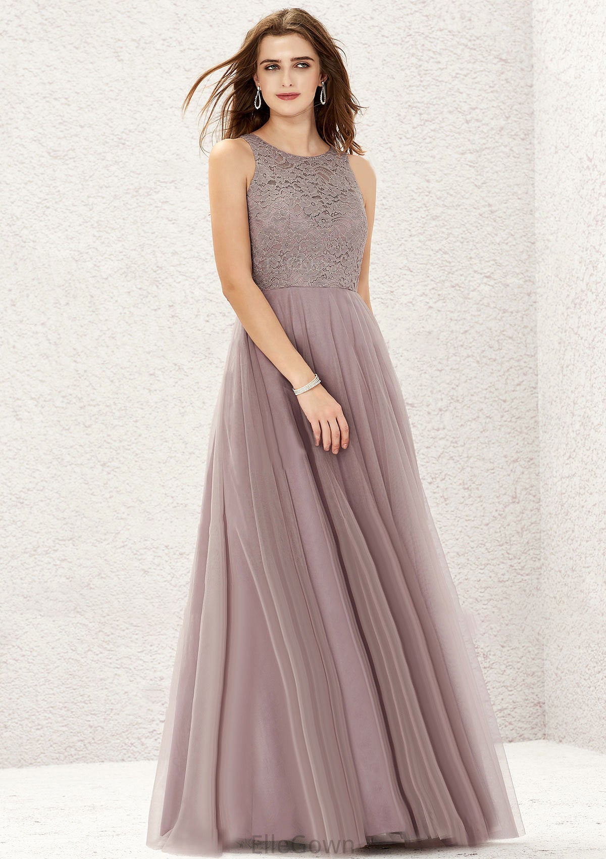 A-line Scoop Neck Sleeveless Lace Tulle Long/Floor-Length Bridesmaid Dresses Lana DEP0025631