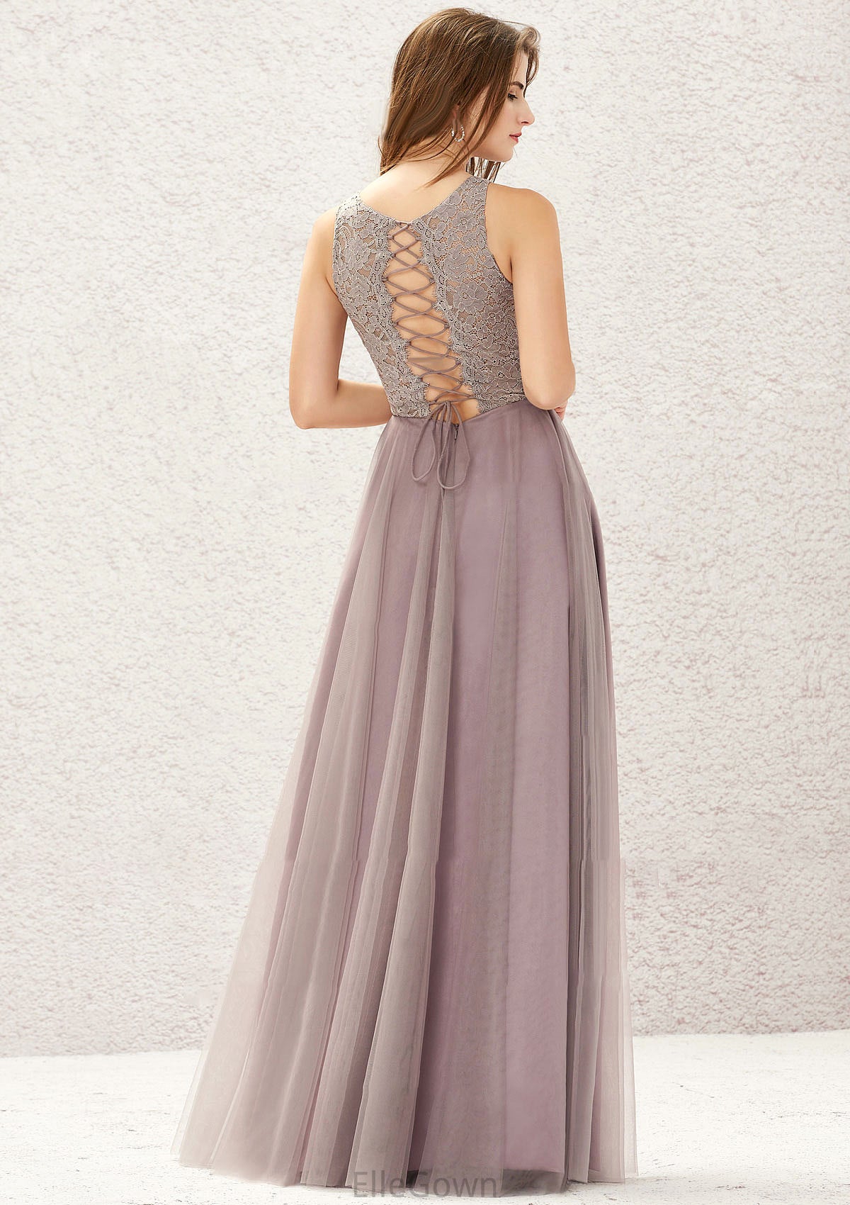 A-line Scoop Neck Sleeveless Lace Tulle Long/Floor-Length Bridesmaid Dresses Lana DEP0025631