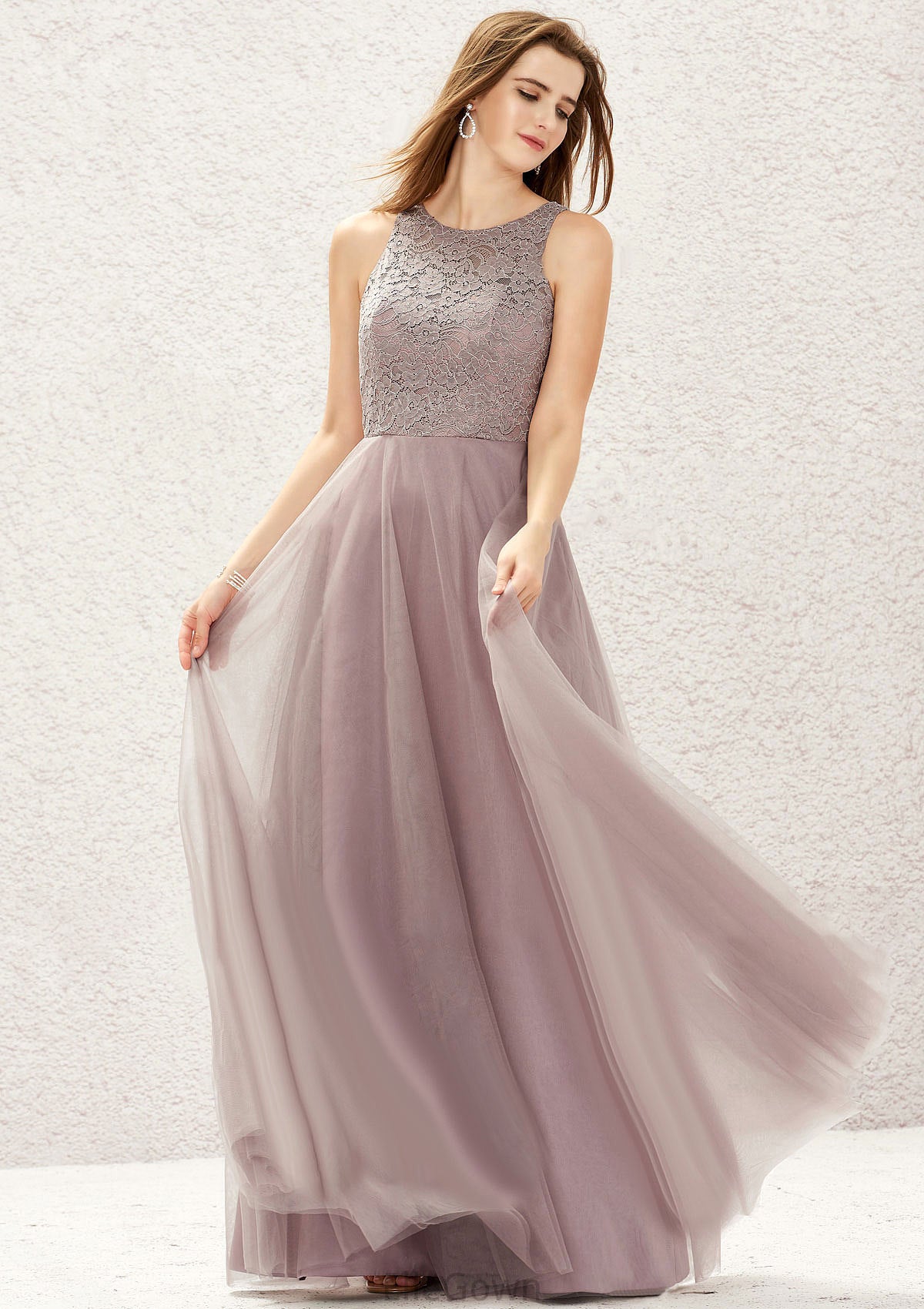 A-line Scoop Neck Sleeveless Lace Tulle Long/Floor-Length Bridesmaid Dresses Lana DEP0025631