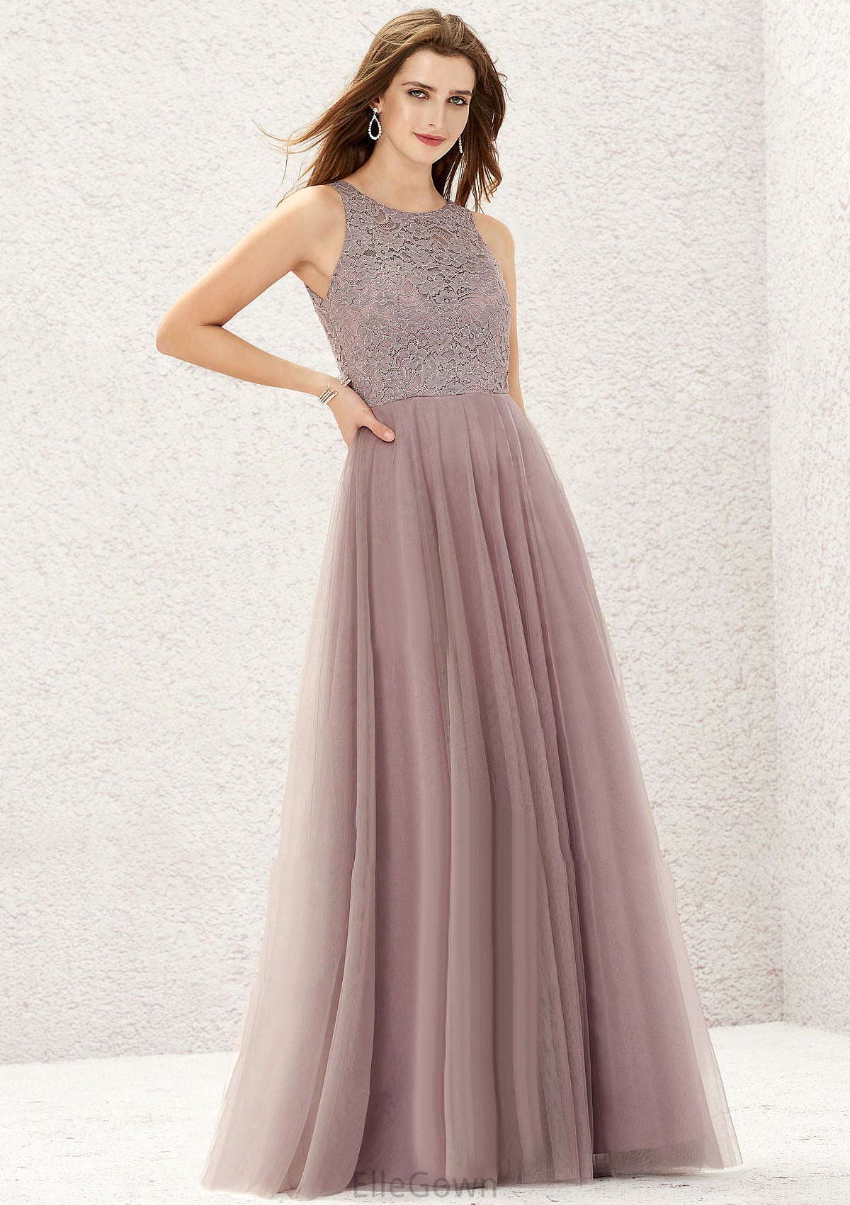 A-line Scoop Neck Sleeveless Lace Tulle Long/Floor-Length Bridesmaid Dresses Lana DEP0025631