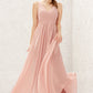 A-line V Neck Sleeveless Chiffon Long/Floor-Length Bridesmaid Dresses With Pleated Yadira DEP0025632