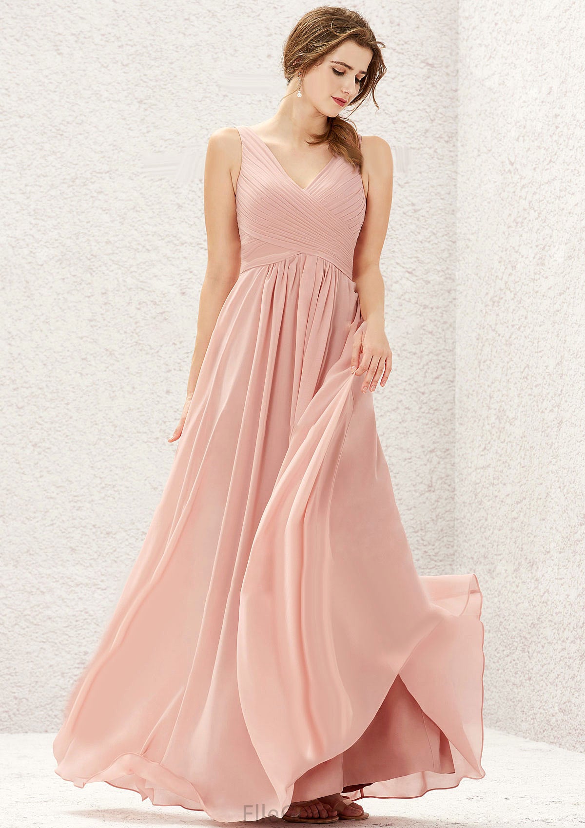 A-line V Neck Sleeveless Chiffon Long/Floor-Length Bridesmaid Dresses With Pleated Yadira DEP0025632