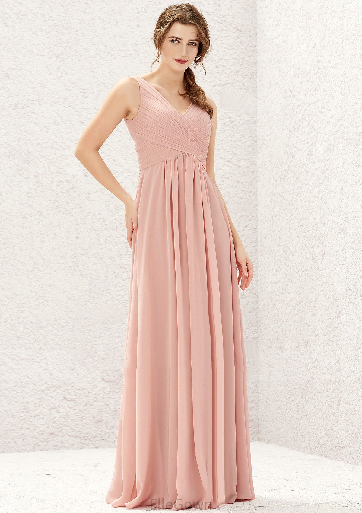 A-line V Neck Sleeveless Chiffon Long/Floor-Length Bridesmaid Dresses With Pleated Yadira DEP0025632