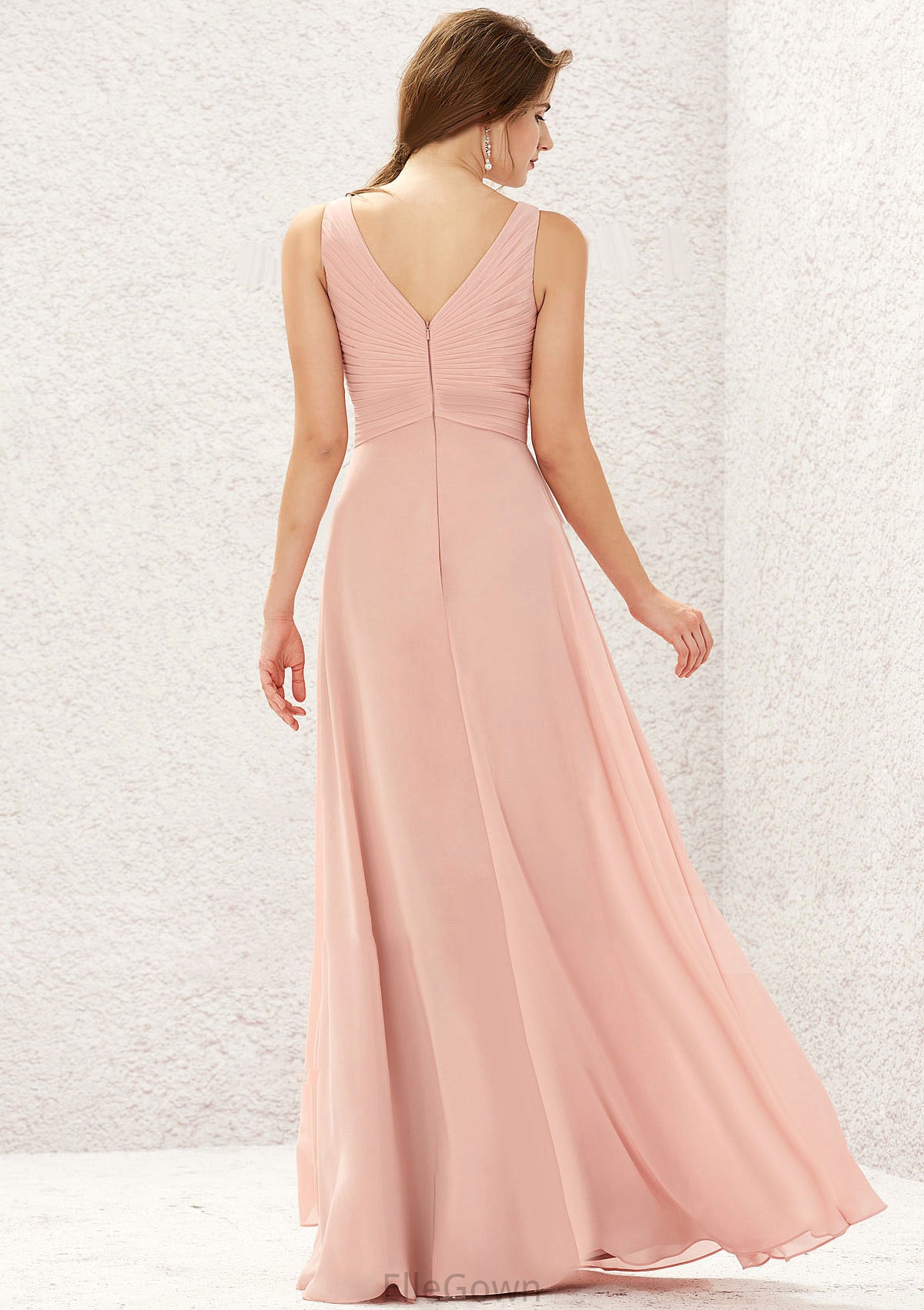 A-line V Neck Sleeveless Chiffon Long/Floor-Length Bridesmaid Dresses With Pleated Yadira DEP0025632