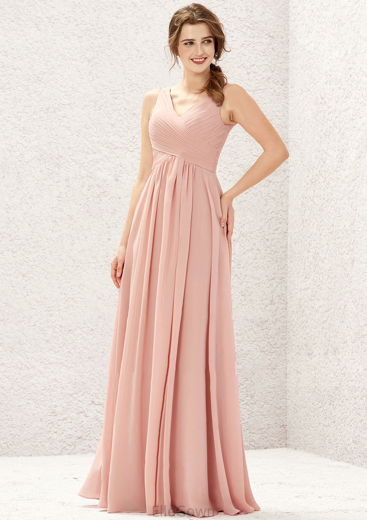 A-line V Neck Sleeveless Chiffon Long/Floor-Length Bridesmaid Dresses With Pleated Yadira DEP0025632