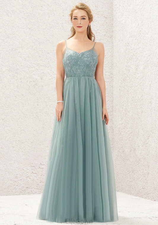 Princess A-line V Neck Sleeveless Tulle Long/Floor-Length Bridesmaid Dresses With Pleated Appliqued Adriana DEP0025633