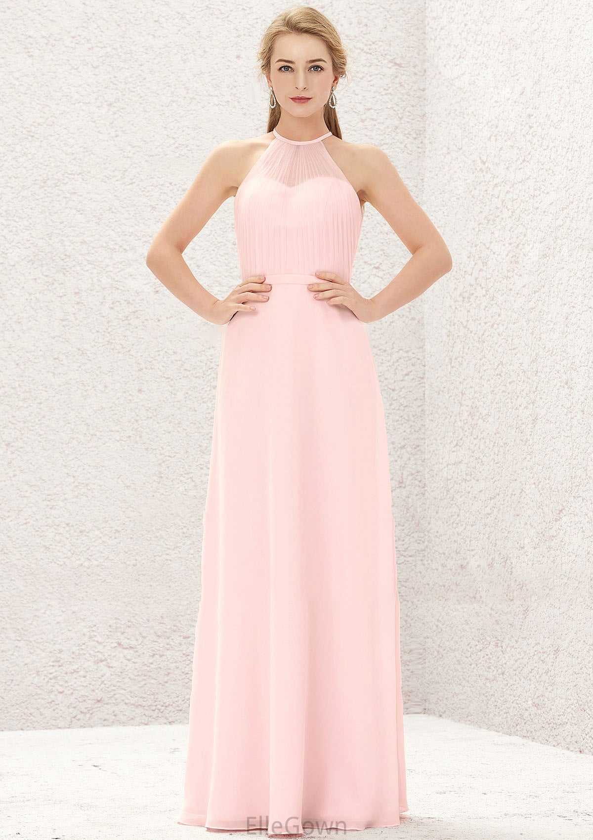 A-line Halter Sleeveless Chiffon Long/Floor-Length Bridesmaid Dresses Jaylen DEP0025635