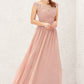 A-line Illusion Neck Sleeveless Chiffon Long/Floor-Length Bridesmaid Dresses With Appliqued Pleated Andrea DEP0025636