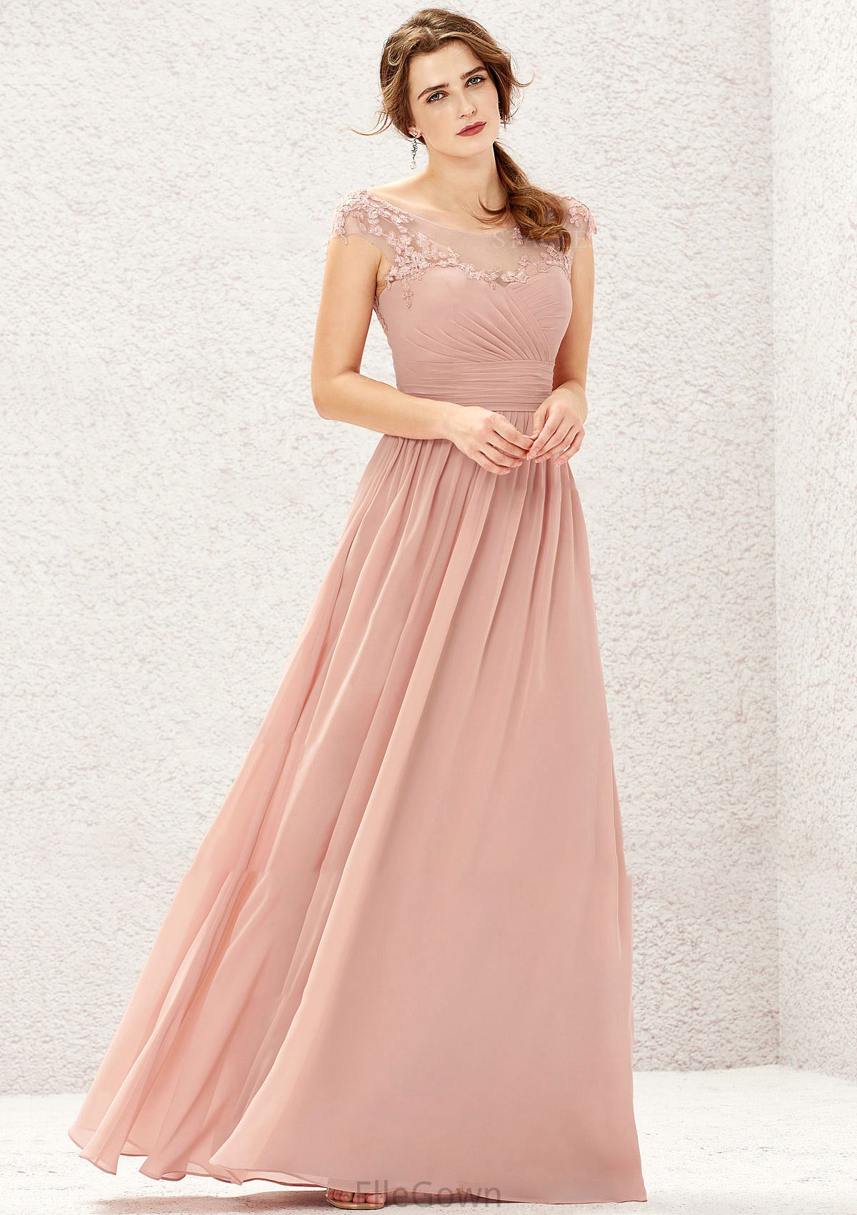 A-line Illusion Neck Sleeveless Chiffon Long/Floor-Length Bridesmaid Dresses With Appliqued Pleated Andrea DEP0025636