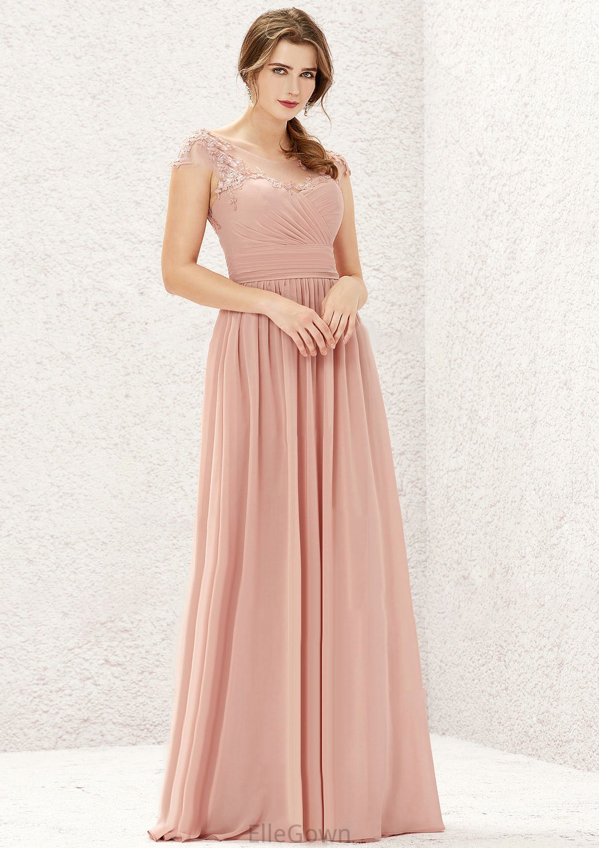 A-line Illusion Neck Sleeveless Chiffon Long/Floor-Length Bridesmaid Dresses With Appliqued Pleated Andrea DEP0025636