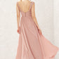 A-line Illusion Neck Sleeveless Chiffon Long/Floor-Length Bridesmaid Dresses With Appliqued Pleated Andrea DEP0025636