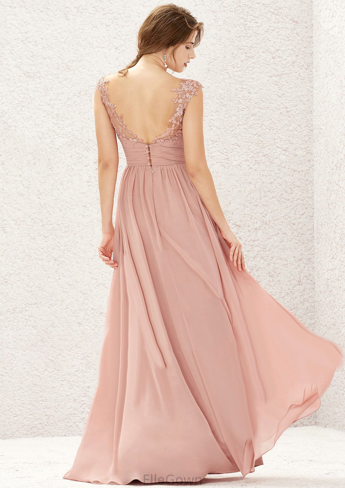 A-line Illusion Neck Sleeveless Chiffon Long/Floor-Length Bridesmaid Dresses With Appliqued Pleated Andrea DEP0025636