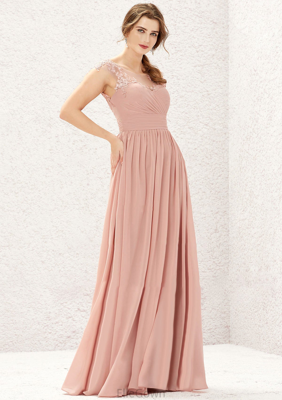 A-line Illusion Neck Sleeveless Chiffon Long/Floor-Length Bridesmaid Dresses With Appliqued Pleated Andrea DEP0025636