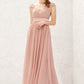 A-line Illusion Neck Sleeveless Chiffon Long/Floor-Length Bridesmaid Dresses With Appliqued Pleated Andrea DEP0025636