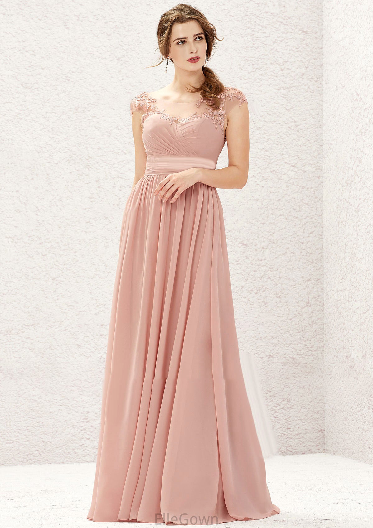 A-line Illusion Neck Sleeveless Chiffon Long/Floor-Length Bridesmaid Dresses With Appliqued Pleated Andrea DEP0025636